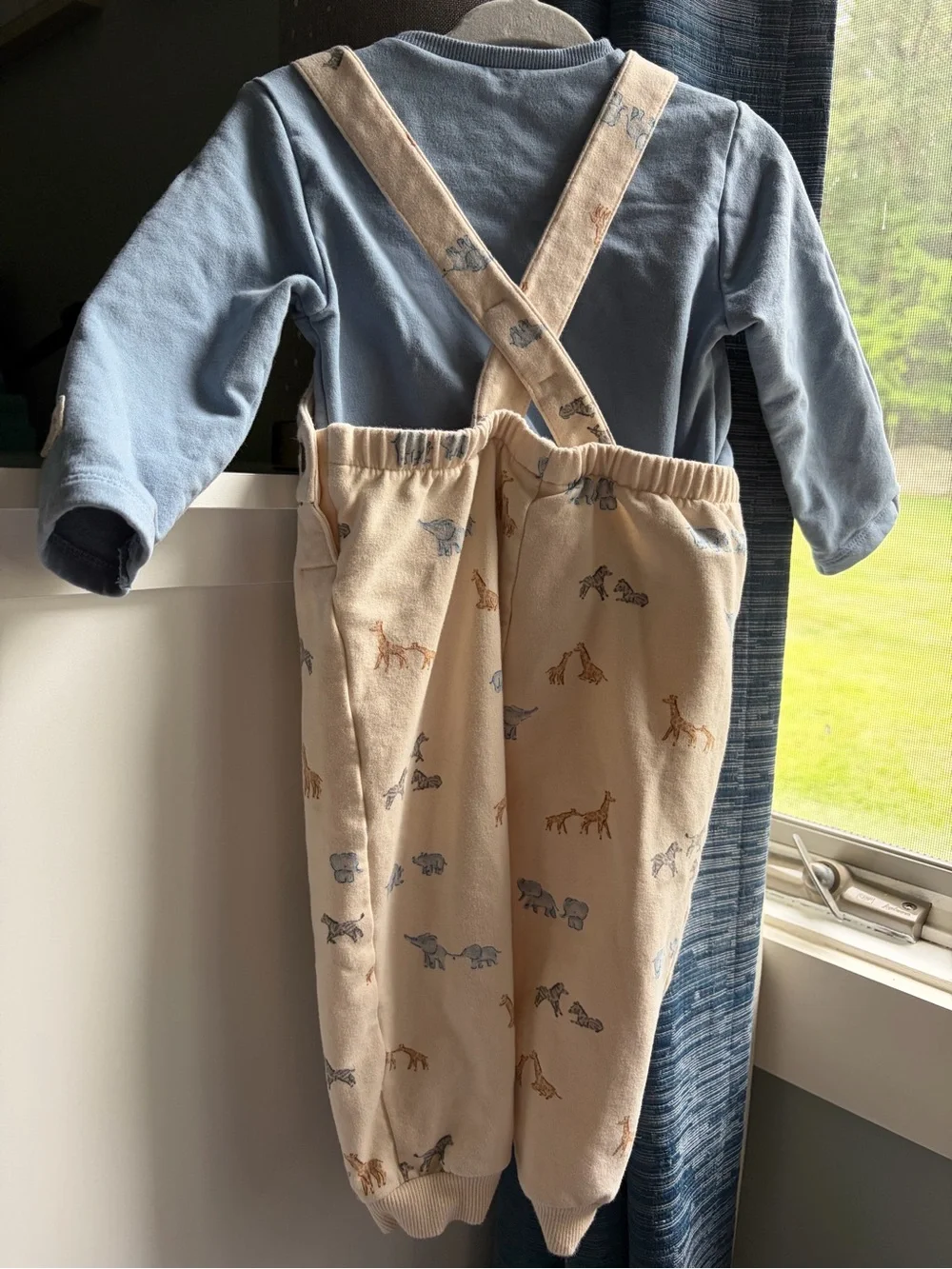 Mayoral Cream Animal-Print Overalls with Blue Top